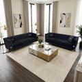 2 Piece 84'' L Modern 3 Seater Black Velvet Sofa Couches with Metal Gold Legs for Living Room Mid Century Classic Tufted Chesterfield Sofa Set for Apartment Office Home