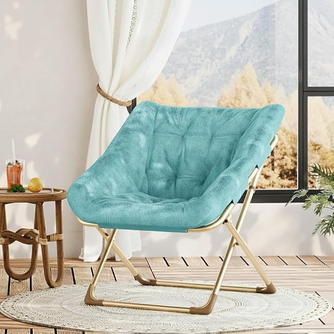 Collapsible Soft Faux Rabbit Fur Saucer Lounge Chair Comfy Lounge Lazy Chair Metal Frame Reading Chairs for Office Living Room Bedroom Small Spaces No Assembly Green