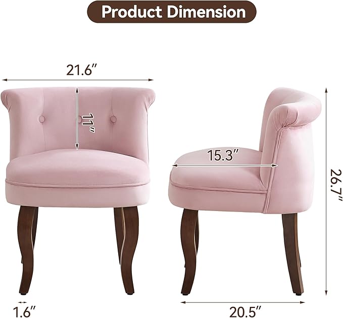 Velvet Tufted Vanity Chair with Back Upholstered Mid Century Vanity Stool with Solid Wood Legs Small Makeup Chair for Vanity Accent Chair for Bedroom Living Room Pink
