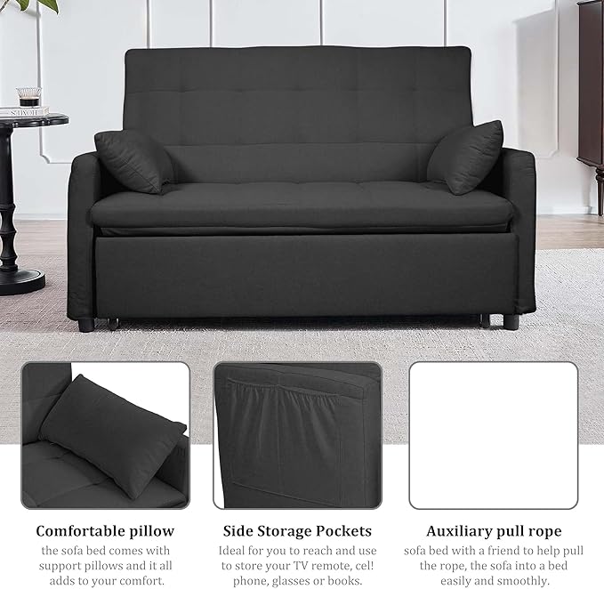 66 Grey Sofa Sleeper Loveseat Sofa Bed Queen Size Pull Out Couch with 2 Pillows Pocket &amp Adjustable Backrest Small Couch Bed for Small Spaces Bedroom Apartment Living Room | Convertible Ad