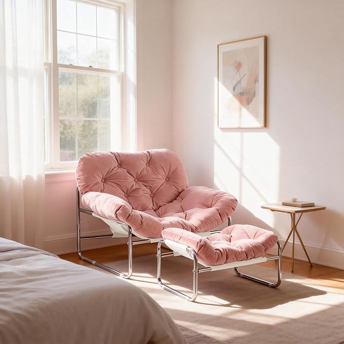 YOXIFOC Modern Style Recliner Armchair with Footrest Multifunctional Leisure Chair with Thickened Cushion and Phone Holder Suitable for Bedroom/Living Room Reading Chair/Garden/Patio (Pink)