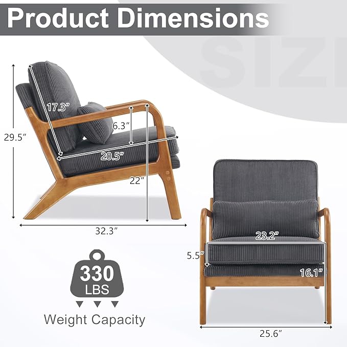Karl home Mid-Century Modern Accent Chair Living Room Chairs with Pillow Corduroy Upholstered Lounge Armchair with Solid Wood Frame &amp Soft Cushion for Bedroom Reading Room Dark Gray
