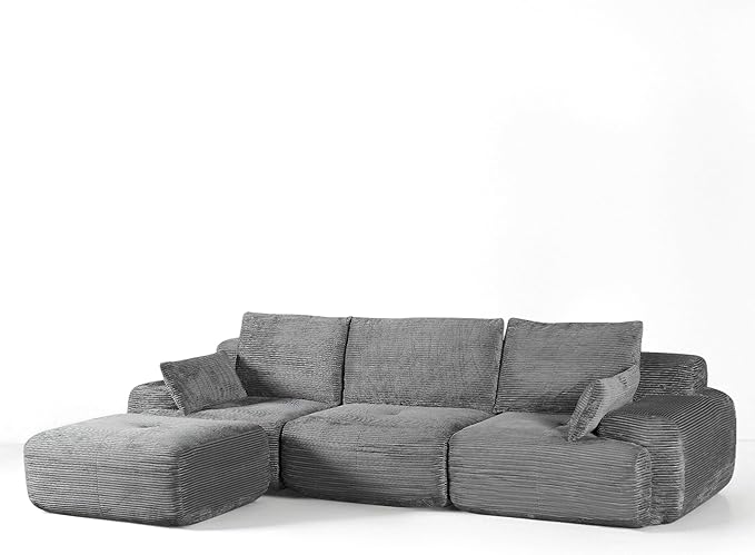 Round 113 L Shaped Sectional Couch Cloud Sofa with Ottoman for Living Room Corduroy Fabric Grey