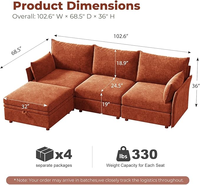 ABCASA 102.6 Modular Sectional Sofa Oversized L Shaped Couch with Storage Ottoman 24.5 Deep Seat 3-Seater Pet-friendly Removable Backrest Cover Terracotta Chenille Sectional Couches for Living Room