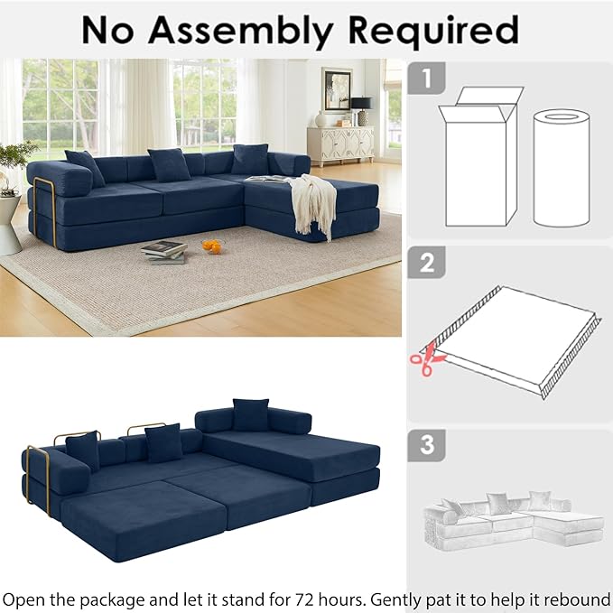 78 Inch Convertible Sleeper Sofa Bed Folding Floor Mattress Couch with Fixed-Shape Frame Futon Boneless Couch Lounge Loveseat with Pull Out Bed No Assembly Required (Blue 108 L-Shaped Sofa Bed)
