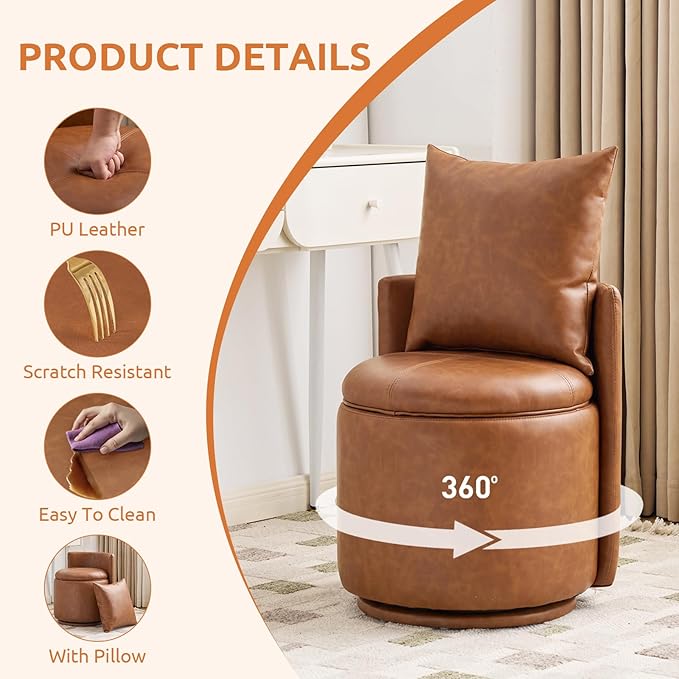 360° Swivel Vanity Chair with Storage PU Leather Round Storage Ottoman with Pillows No Assembly Modern Comfy Makeup Stool for Bedroom Dressing Living Room (White)