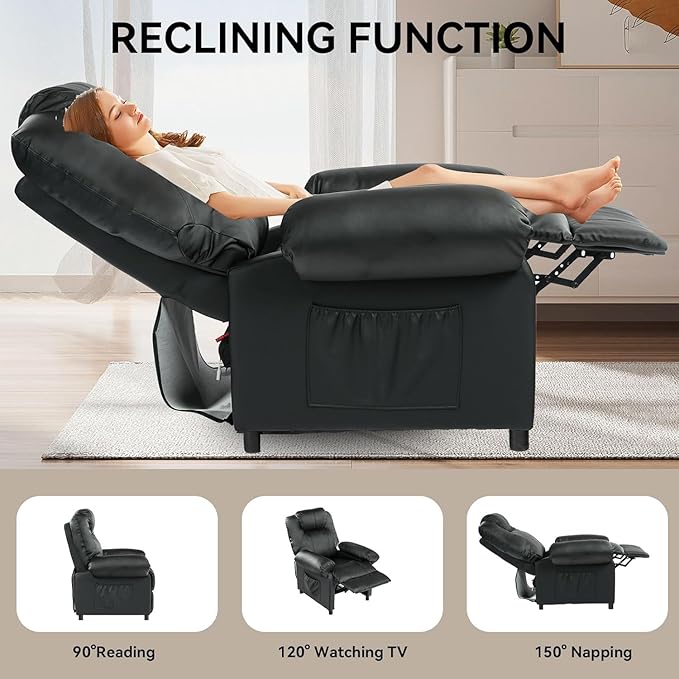 KCREAM Faux Leather Recliner Chair with Massage and Heat Mid Century Overstuffed Manual Reclining Chair Massaging Push Back Recliner Chair Single Sofa for Living Room Black
