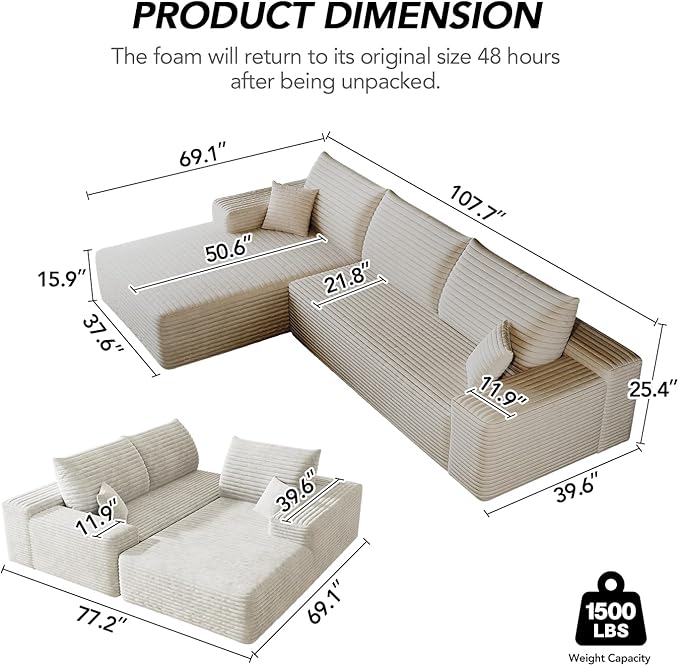 107.7 Boneless Sectional Couch Modern Modular L - Shape Corduroy Upholstered Sofa for Living Room - Deep Seat with Chaise (White 2 Seater+Left Facing Chaise)