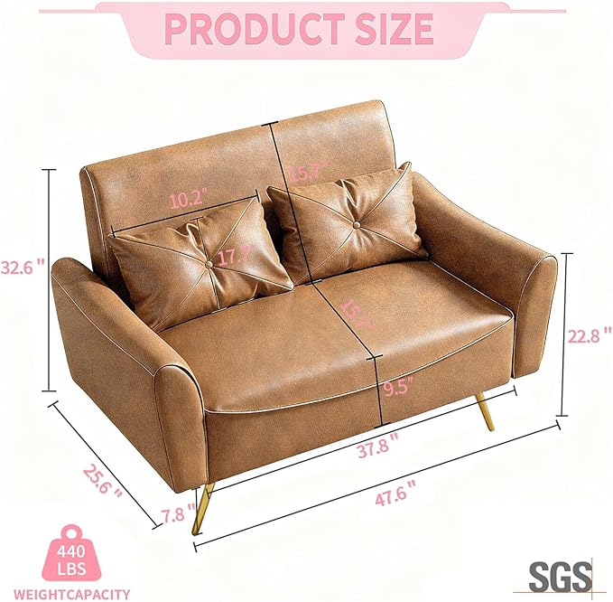 Brelice 48 Faux Leather Loveseat Sofa Modern Small Couch for Small Space with 2 Pillows 2 Seater Couch for Living Room Bedroom Office Apartment (Brown)