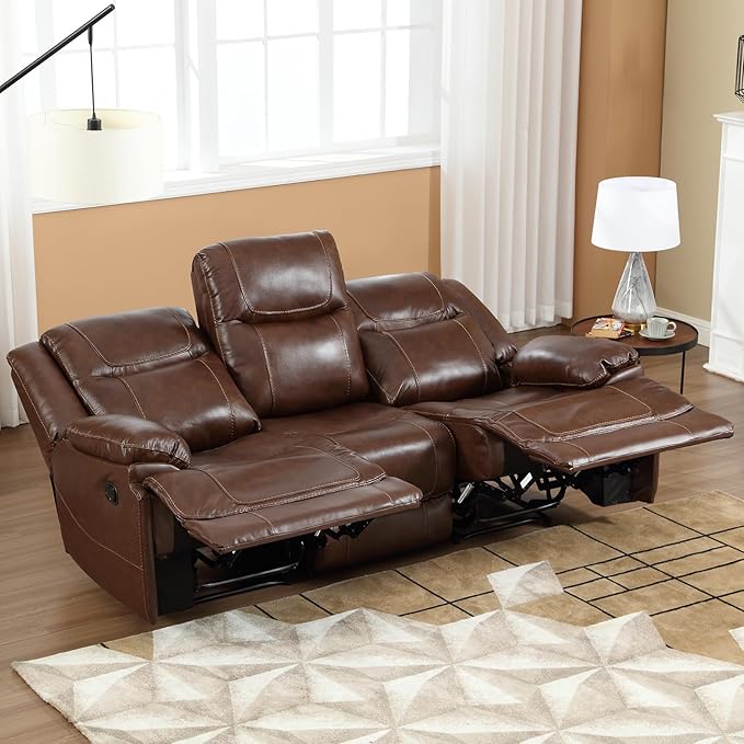 EBELLO Genuine Leather Manual Reclining Sofa 3 Seat Recliner Sofa Couch for Living Room Bedroom Furniture Meeting Room Brown