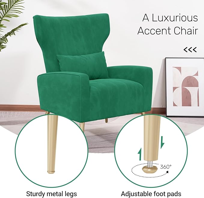 Velvet Accent Chair Wingback for Living Room High Back Arm Chair with Golden Legs Lumbar Pillow Upholstered Single Sofa Bedroom Green