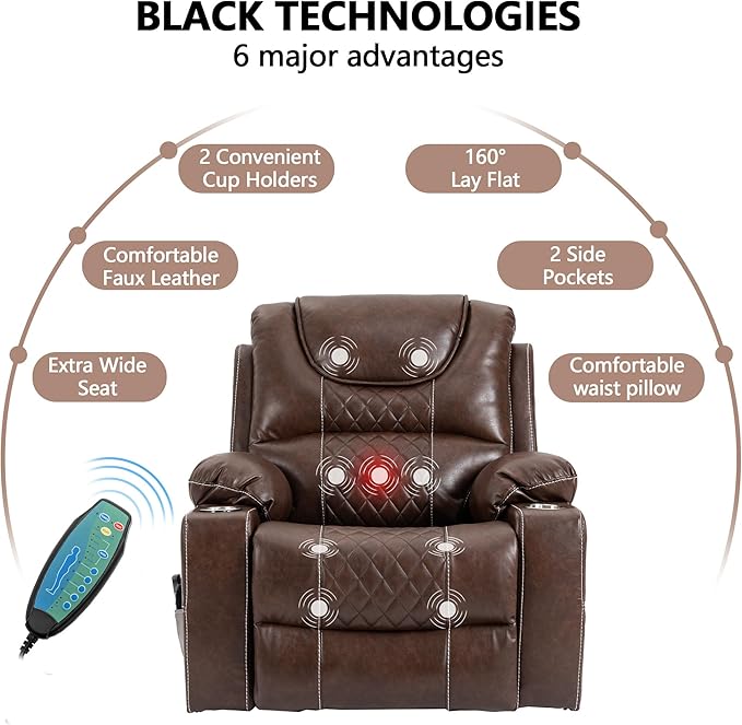 Power Lift Recliner Chair Sofa with Massage and Heat for Big and Tall ElderlyInfinite PositionsSingle MotorCup Holdersand USB PortsFaux Leather Home Theater Seat