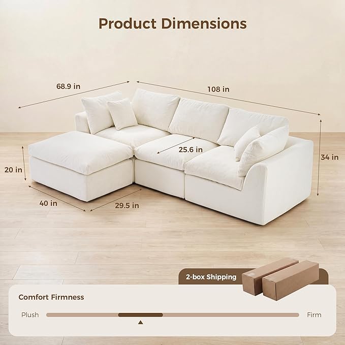 108 Cloud Sectional Couches with 1 Extra Washable Cover L Shaped 25.6 Deep Seat Couch with Ottoman Oversized Comfy Living Room Sofa DIY Color Refresh（ White Sofa + Green Cover Set）