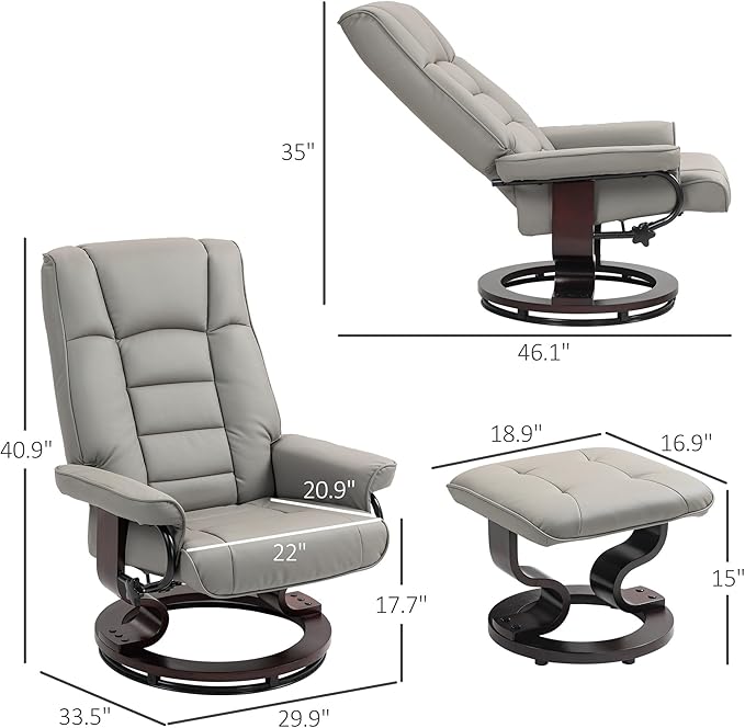 HOMCOM Faux Leather Reclining Chair Swivel Ottoman Chair Recliner with Ottoman with High Back and Wood Frame for Living Room Gray