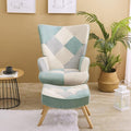 Living Room Chair and Footstool Set Comfortable Side Armchair in The Bedroom with a Creative Patchwork Fabric Surface. (Blue + Solid Wood)