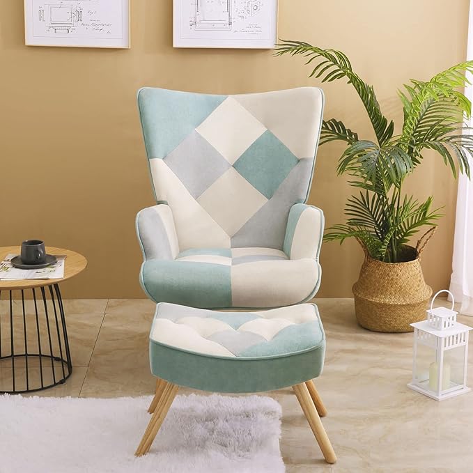 Living Room Chair and Footstool Set Comfortable Side Armchair in The Bedroom with a Creative Patchwork Fabric Surface. (Blue + Solid Wood)