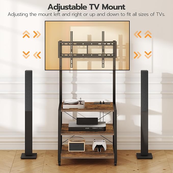 HOOBRO Rolling TV Stand with Mount and Power Outlet Up to 55 inch TV Corner Entertainment Center Small TV Stand with 3-Tier Storage Shelves for Living Room Bedroom Rustic Brown and Black BF66UDS01