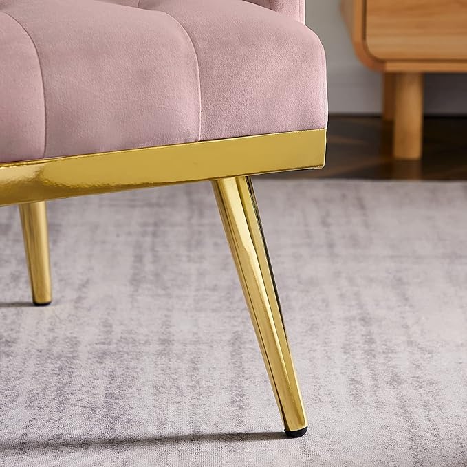 Velvet Tufted Accent ChairModern Upholstered Accent Living Room ChairComfy Armchair with Rose Golden Metal LegsTufted Singe Sofa Chair for Reading or Loungingfor Bedroom Office Decorative (Pink)