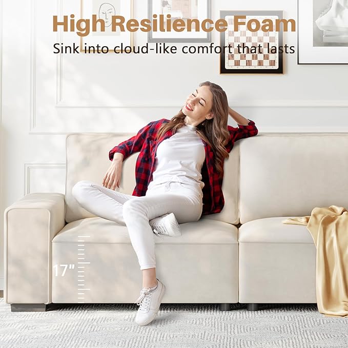 Vesgantti 85'' Chenille Couch for Living Room 3 Seater Comfy Sofa with Wide Armrest Thick Spring Cushions Modern Cloud Couch for Apartment Office Bedroom Small Space Chenille Beige