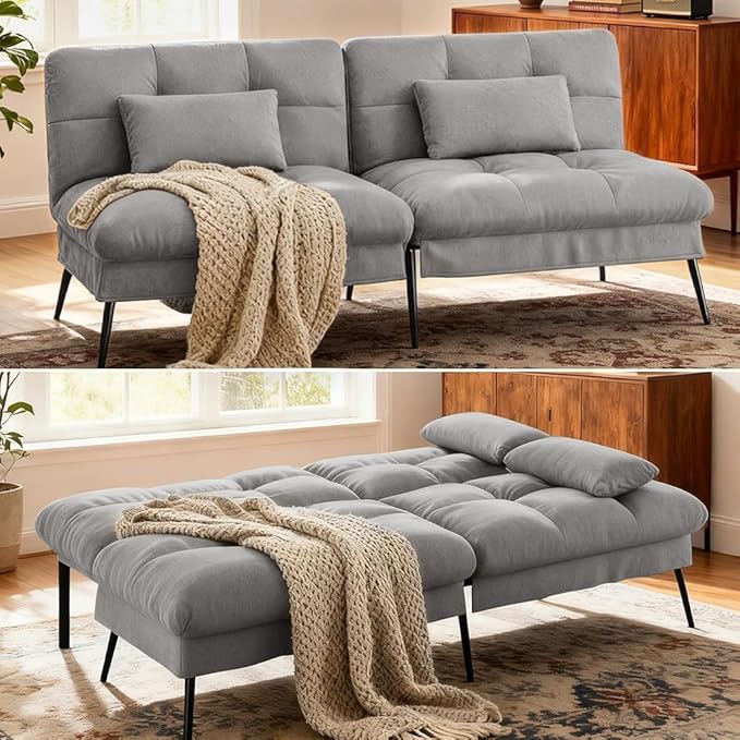 COMHOMA Convertible Futon Sofa Bed 72″Fabric Futons Couch with Adjustable Backrest Folding Sleeper Recliner for Living Room Furniture (Grey)