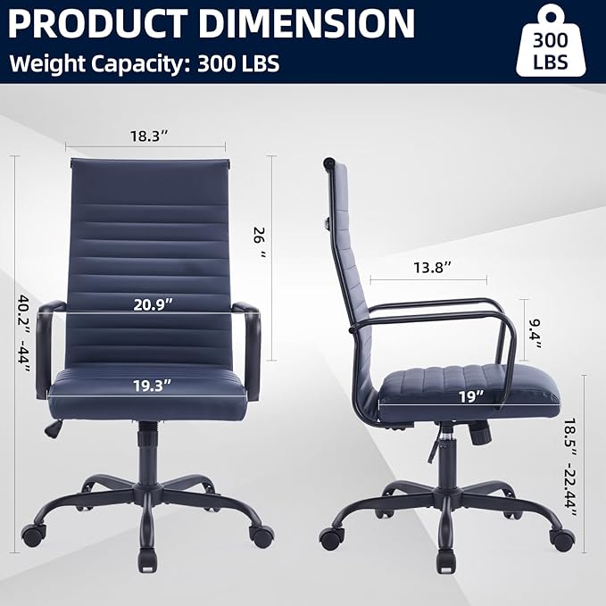 Office Chair Ergonomic Executive Conference Room Chairs Ribbed Leather Desk Chair with Lumbar Support Adjustable Height Mid-Back Swivel Chair with Padded Seat