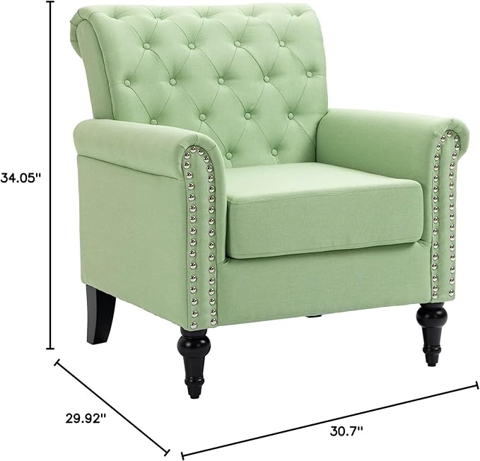 Mid Century Modern Accent Chair Linen Armchair wTufted BackWood Legs Upholstered Lounge Arm Chair Single Sofa for Living Room Bedroom Grass Green