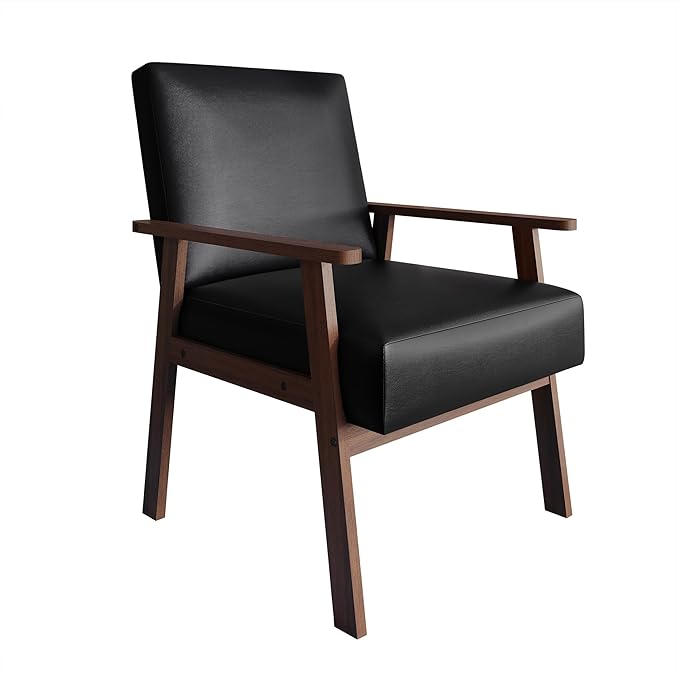 Mid-Century Modern Accent Chair Polyurethane Upholstery Wooden Armrests Cushioned Seat Easy Assembly Black