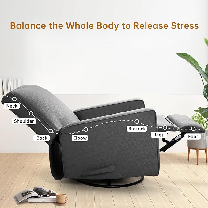 Swivel Rocker Recliner Chair for Adults High Back Fabric Recliner with Deep Seat Manual Glider for Living Room &amp Nursery Charcoal