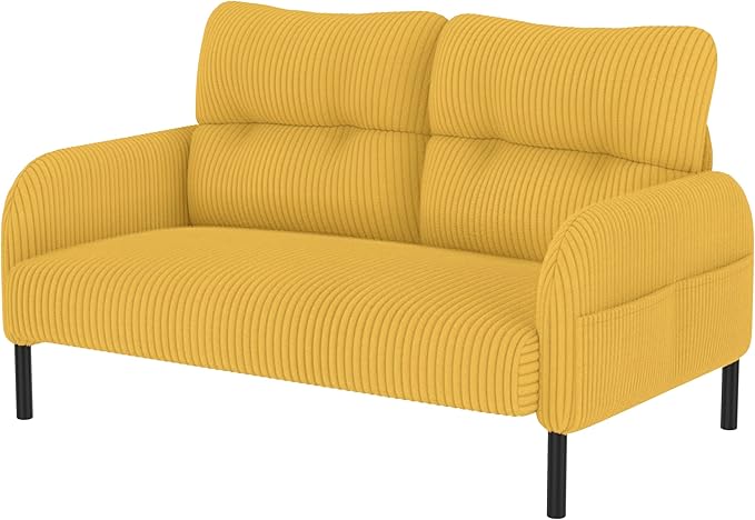 47'' Small Loveseat Sofa Comfy Corduroy Love Seat Couch for Small Spaces 2 Seater Sofa Office Couch with Solid Wood Legs for Living Room Bedroom Apartment (Yellow)