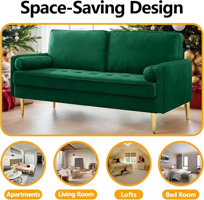 65 Inch Green Velvet Couch Small Loveseat Sofa &amp Office Sofa for Small Space Couch for Bedroom Livingroom 2 Pillows Gold Legs Tufted Seat (Green)