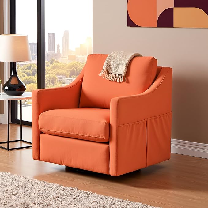 HOMREST 360° Swivel Accent Chair Single -Terracotta Orange Linen Fabric Armchair with Lumbar Pillow &amp Storage Pockets Ergonomic Barrel Chair for Living Room Office Bedroom
