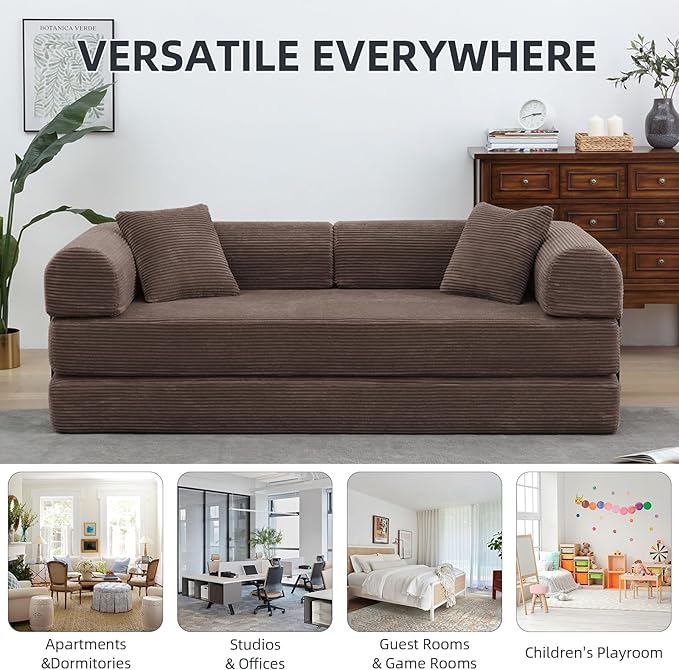 Convertible Folding Sofa BedFold Out Floor Sofa Couch with Fixed-Shape FrameCorduroy Foldable Mattress Cloud Couch for Living Room Bedroom (Brown 78 Inch)