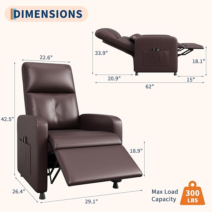 Power Recliner Chair with Heat &amp Massage Adjustable Electric PU Leather Single Sofa Ergonomic Tall-Back Padded Seat Home Theater Seating Recliner for Living Room