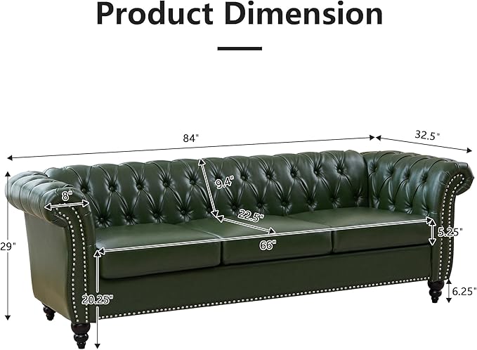 ORRD Chesterfield Sofa Leather Modern Faux PU Tufted Couch 3 Seater with Rolled Arms and Nailhead for Living Room Bedroom Office Apartment (Green)