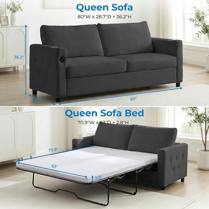 Mjkone 80 Queen Size Pull Out Sofa Bed Velvet 2-in-1 Convertible Sleeper Sofa Bed with Memory Foam Mattress Cup Holder USB Charging PortsGuest Couch Bed for Living Room Small Spaces - Grey