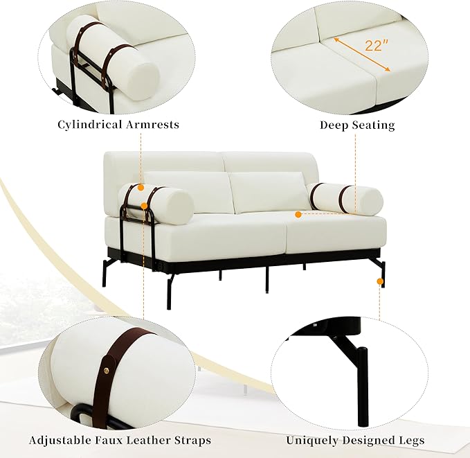 Ball &amp Cast Futon Sofa with Flexible USB Ports Modern Loveseat Sofa Couch 2-Seater Sofa with Unique Cylindrical Armrestsfor Small Spaces Living Room or Office Corduroy Futons Sofas (White)