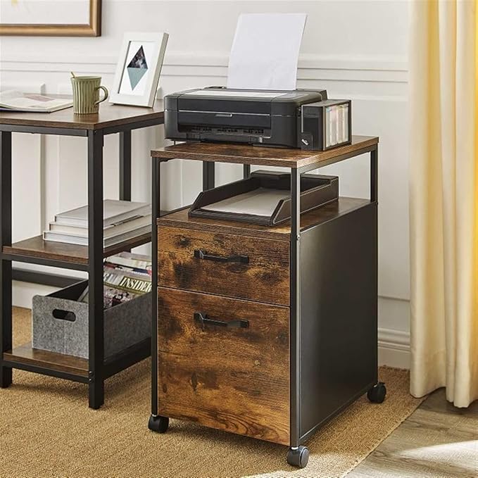 GLigeT Filing Cabinet Industrial Style Mobile File Cabinet on Wheels with 2 Drawers Open Shelf for A4 Letter Size Hanging File Folders File Storage Cabinets