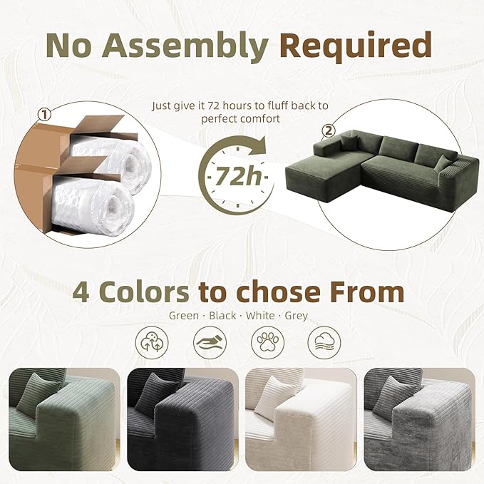 108” Boneless Couches for Living Room L-Shape Modular Sectional Sofa Couches High Rebound Sponge Comfy Fluffy Corduroy Cloud Couch with Oversized Chaise and Deep Seat (Olive Green)