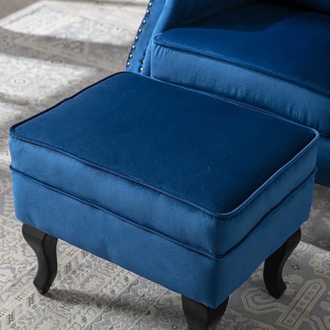 Mid Century Modern Accent Chair Upholstered Armchair Comfy Velvet Tufted Wingback Single Sofa with Ottoman for Bedroom Living Room Blue
