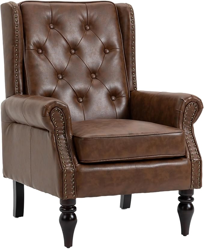 Modern Living Room Armchair Mid Century Accent Chair with Rolled Arms and Tufted BackUpholstered PU Leather Sofa Leisure Chair for Living Room/Bedroom/Office/Club