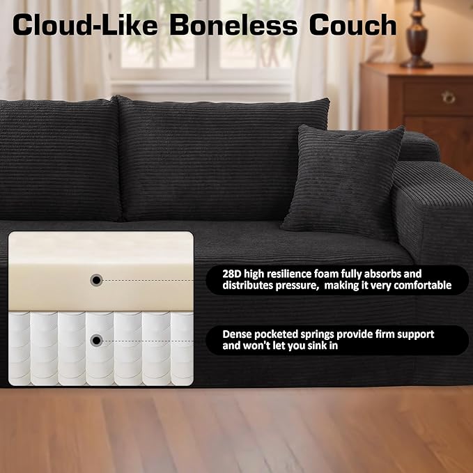 106 Cloud Sectional Couch with Chaise LoungeL Shaped Modular Modern SofaComfy Corduroy Fluffy Sofa with Deep SeatNo Assembly Required Couch for Living Room(LeftStripe CorduroyBlack)