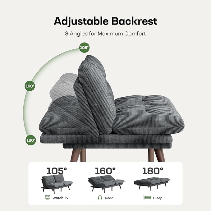 Marsail 66 Futon Sofa Bed Convertible Corduroy Futon Couch with Adjustable Backrest &amp Armrests Small Sleeper Sofa Loveseat for Living Room Apartment Office Grey
