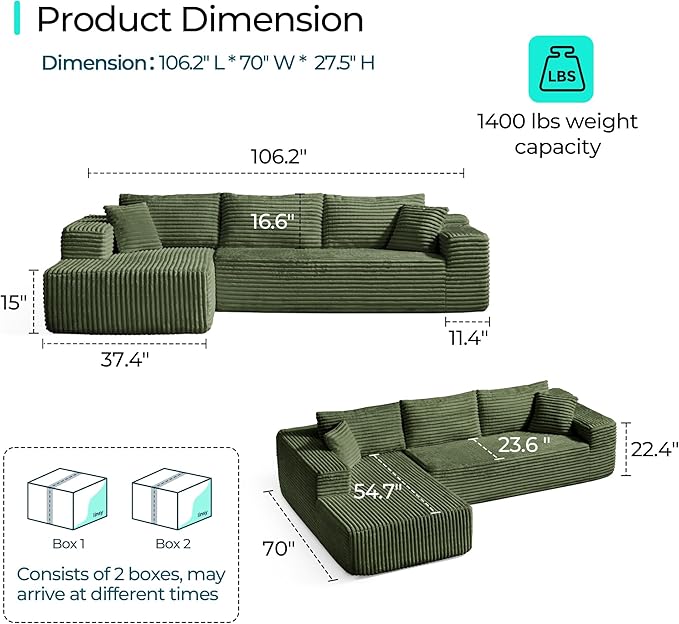 LINSY 106'' Cloud Sectional Couch - Plush Corduroy Modular Sofa with L-Shape Chaise Comfy Foam Couches for Living Room Apartment Compressed Couch No Assembly Required Green