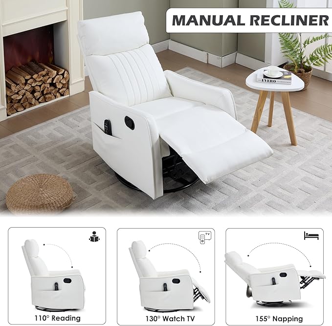 Swivel Rocker Recliner Chair 360° Swivel Recliner with Heat and Massage Rocker Recliner Upholstered Fabric Nursery Glider Recliner Chair with Side Pockets for Living Room PU White