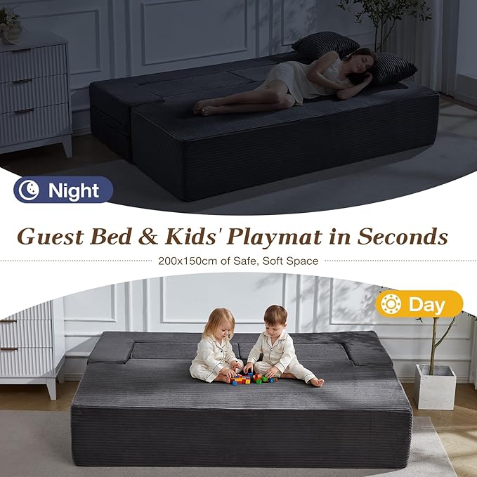 HOMREST 78.7 Sleeper Ottoman Sofa Bed for Small Space Full-Length Folding Memory Foam Couch in a Box with 2 Ottomans &amp Flip-Up Armrest 3-in-1 Convertible Futon No Assembly Dark Grey