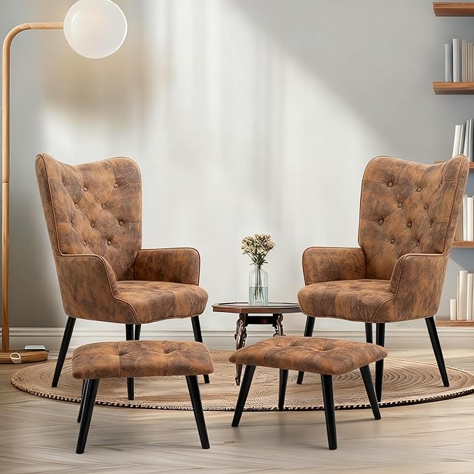 ECOTOUGE 2 Pieces Accent Chair with Ottoman Button Wingback Chair Wingback Leisure Single Sofa Arms Upholstered Tall Back Leather Chairs for Bedroom Brown (Anti-Skid Feet Caps)