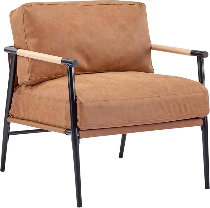 Faux Leather Modern Accent Chair Lounge Arm Chair Upholstered Armchair with Plush Cushions Single Chairs with Metal FrameWooden Armrest - Perfect for OfficeLiving RoomBedroomBrown