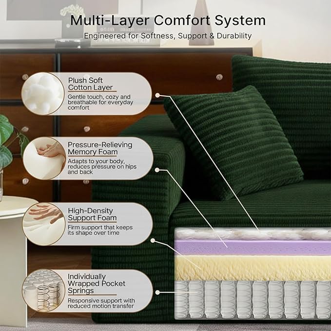 2-Seater Deep-Seat Corduroy Lounge Sleeper Sofa No Assembly Frameless Foam Cloud Couch Comfy Plush Double Seater for Living Room Bedroom Apartment Dorm Office（Green）