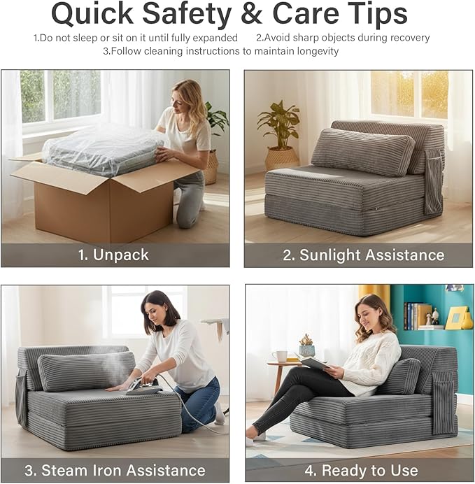 Tiita Folding Sofa Bed with Pillow Memory Foam Fold Out Chair Bed Single Size Convertible Chair Floor Couch &amp Sleeping Mattress Foldable Sleeper Sofa Bed for Guest Room Living Room Grey