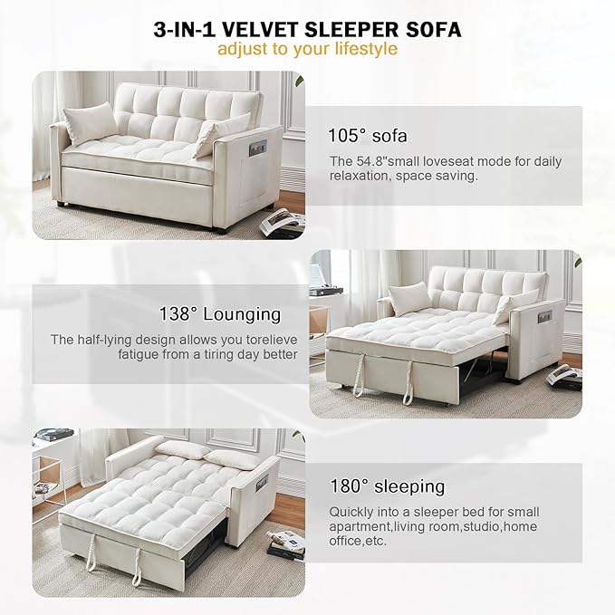 Futon Sofa Bed 3 in 1 Sleeper Sofa Couch Bed with Armrests Storage Pockets and 2 Pillows Adjustable Backrest Sofa Bed Couch for Living Room Bedroom OfficeReading Room(Beige)